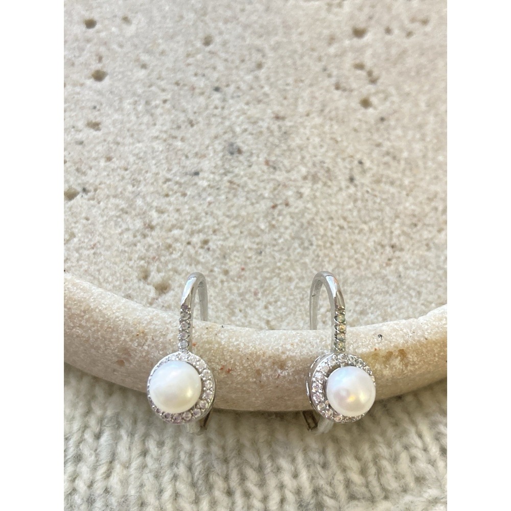 Silver Tone Faux Pearl Rhinestone Huggie Earrings Bridal Wedding Elegant